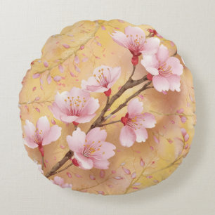 Cojín Redondo "Patrón floral de flores de cerezo acuarela"