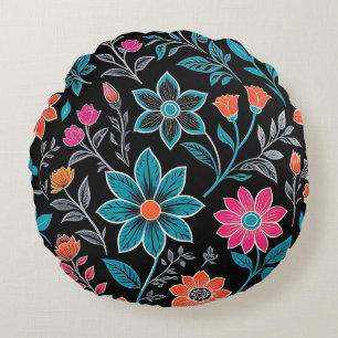 Cojín Redondo Patrón floral de Linoprint colorido