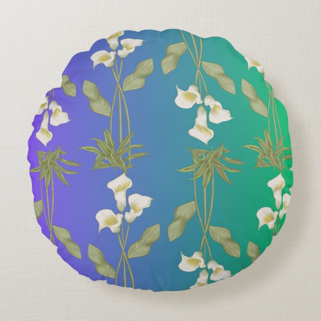 Cojín Redondo Patrón floral de Lirio Blanco (Anverso)