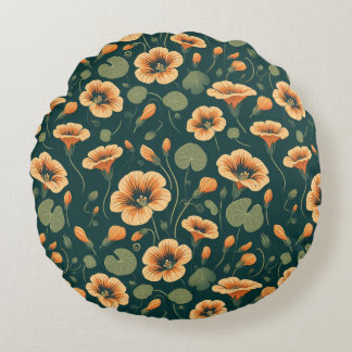 Cojín Redondo Patrón floral de nasturcio vibrante