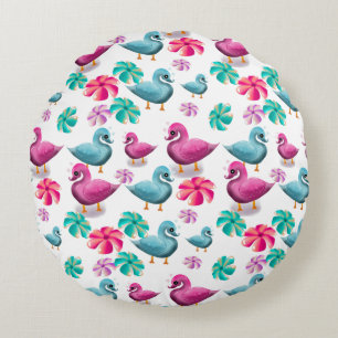 Cojín Redondo Patrón Floral de Pato Adorable Kawaii Rosa y Azul 