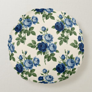 Cojín Redondo Patrón floral de rosa azul