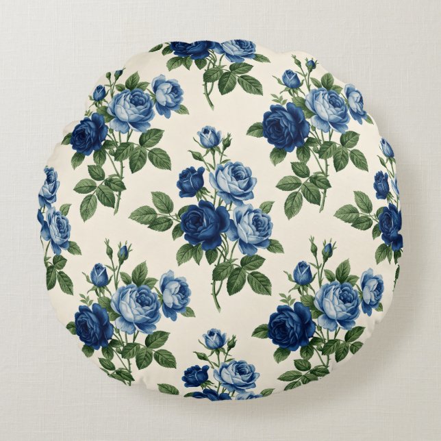 Cojín Redondo Patrón floral de rosa azul (Anverso)