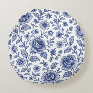 Cojín Redondo Patrón floral de Rosas azules reales