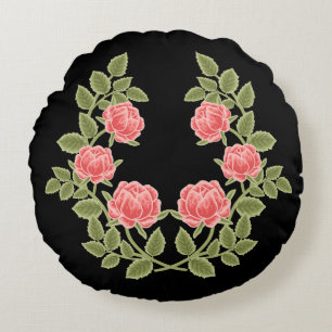 Cojín Redondo Patrón Floral de Rosas Rosadas Polvorientas Vintag