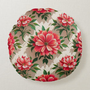 Cojín Redondo Patrón floral elegante con flores rojas y rosas