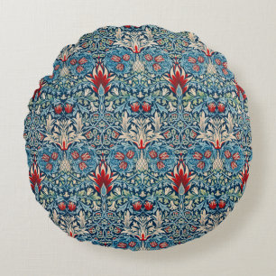 Cojín Redondo Patrón floral en hojas verdes fondo azul