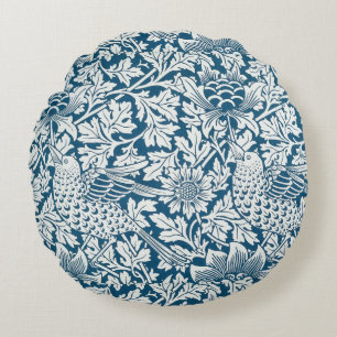 Cojín Redondo Patrón Floral Flores Hojas Pájaros Azul