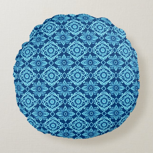 Cojín Redondo Patrón floral geométrico azul elegante (Anverso)