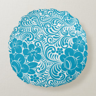 Cojín Redondo Patrón floral ilustrado de margarita azul y blanca