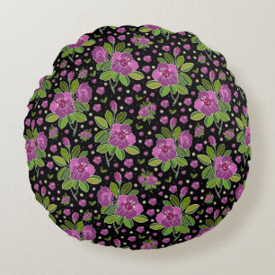 Cojín Redondo Patrón floral lila rosa verde negro