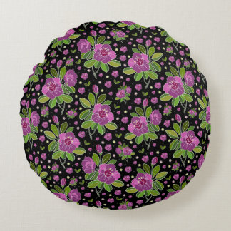 Cojín Redondo Patrón floral lila rosa verde negro