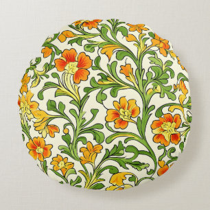 Cojín Redondo patrón floral naranja y amarillo Art Nouveau