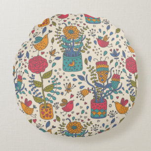 Cojín Redondo Patrón floral personalizado con aves 2