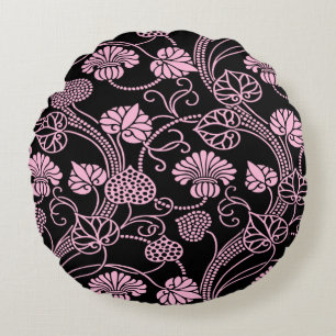 Cojín Redondo Patrón floral retro rosa sobre negro
