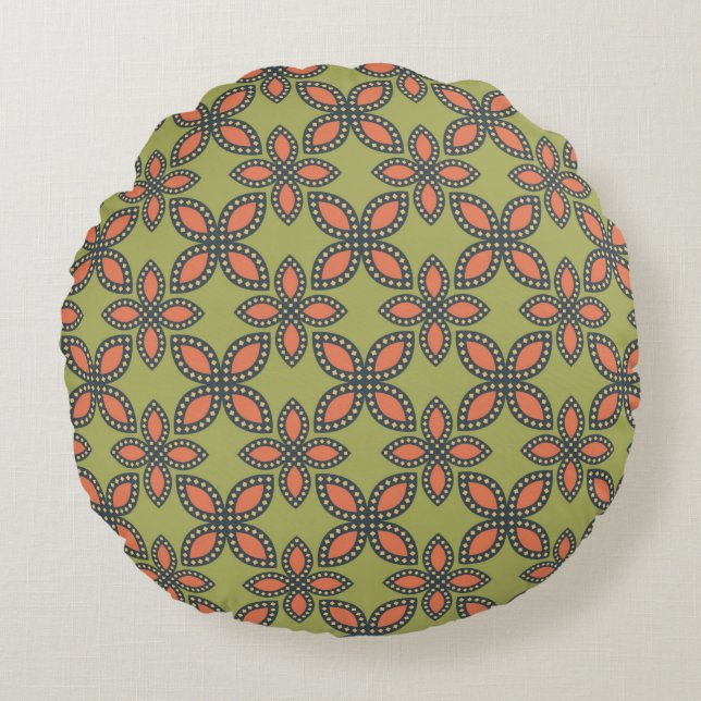 Cojín Redondo Patrón floral retro verde y Naranja abstracto (Anverso)
