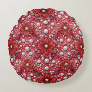 Cojín Redondo Patrón floral rojo con acentos de perla