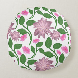 Cojín Redondo Patrón floral rosa con hojas verdes