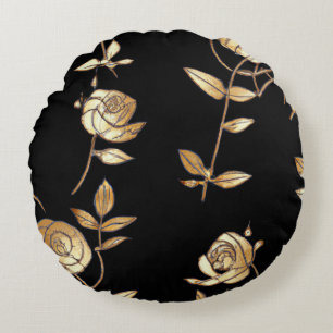 Cojín Redondo Patrón floral Rosa negro y dorado