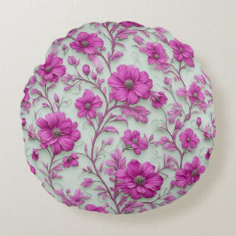 Cojín Redondo Patrón floral rosa vibrante con flores magenta