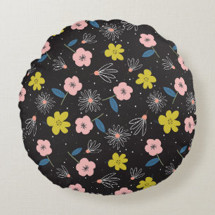 Cojín Redondo Patrón floral simple de Ilustracion negro y rosa