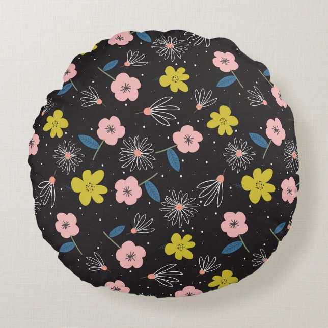 Cojín Redondo Patrón floral simple de Ilustracion negro y rosa (Anverso)