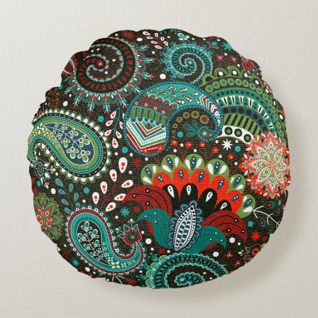 Cojín Redondo Patrón floral sin fisuras con elementos paisajista (Anverso)