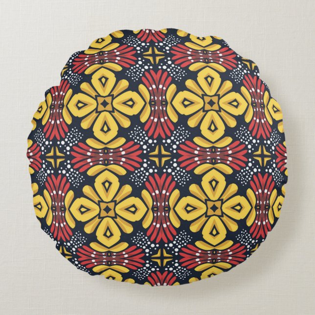 Cojín Redondo Patrón floral sin soldadura sobre fondo negro (Anverso)