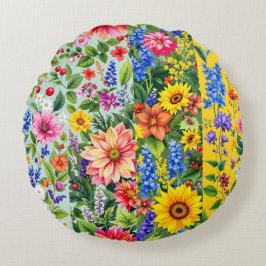 Cojín Redondo Patrón floral vibrante con girasol y dalia