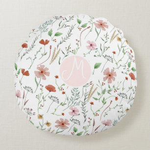 Cojín Redondo Patrón floral vintage boho de acuarela de flores s