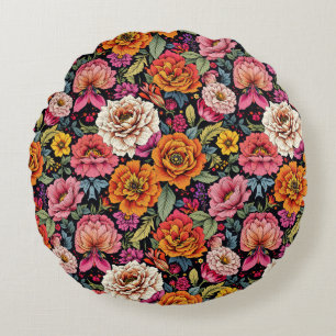 Cojín Redondo Patrón floral vintage con colores atrevidos sobre