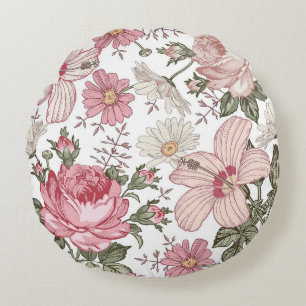 Cojín Redondo Patrón floral vintage con rosas
