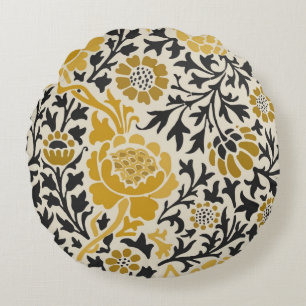 Cojín Redondo Patrón floral vintage de estilo amarillo y negro