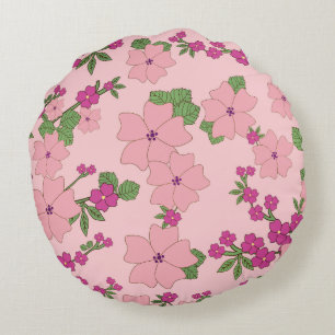 Cojín Redondo Patrón floral, violeta pastel y rosa,