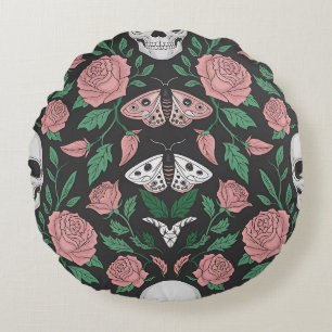 Cojín Redondo Patrón floral y cráneo gótico con polillas