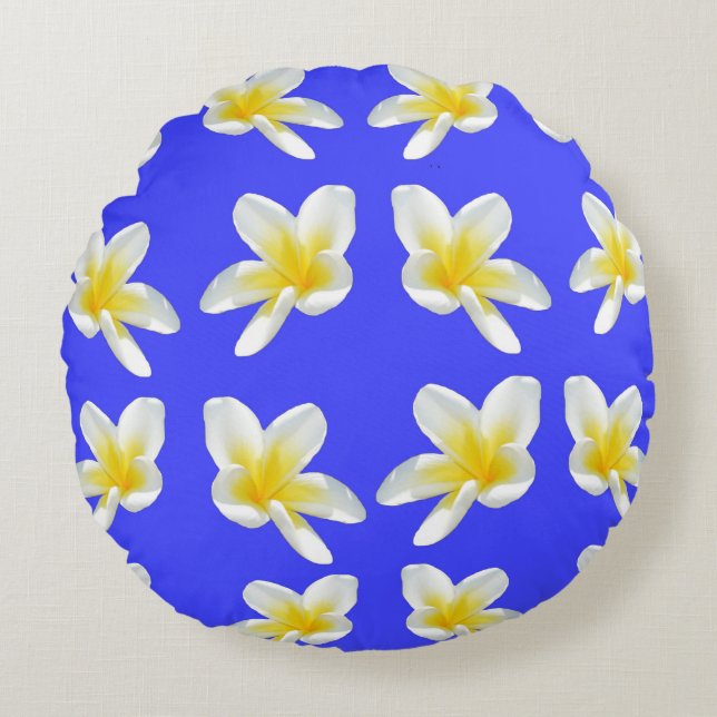 Cojín Redondo Patrón Frangipani Azul Y Amarillo, (Anverso)