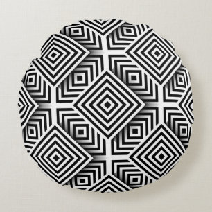 Cojín Redondo Patrón geométrico. Blanco y negro. Cuadrados y st