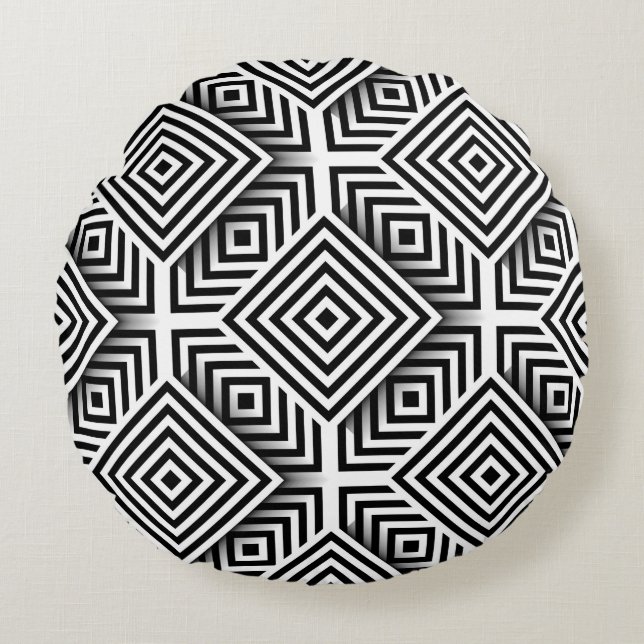 Cojín Redondo Patrón geométrico. Blanco y negro. Cuadrados y st (Anverso)