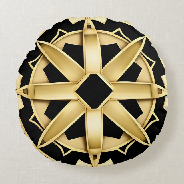 Cojín Redondo Patrón geométrico dorado Art Déco (Anverso)