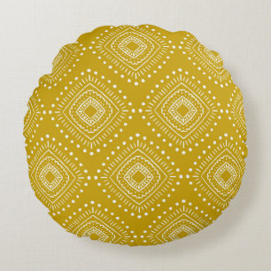 Cojín Redondo Patrón geométrico étnico: amarillo dorado, blanco