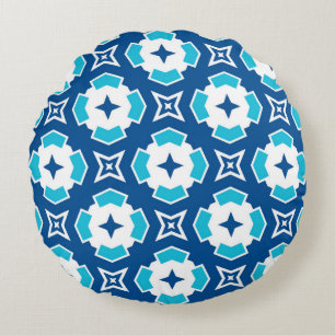Cojín Redondo Patrón geométrico moderno azul y cuatrefoil blanco