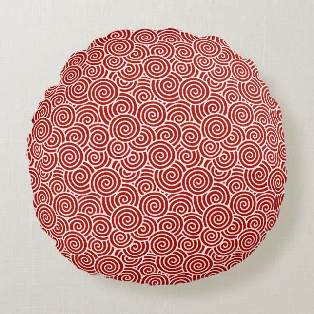 Cojín Redondo Patrón giratorio japonés - rojo profundo y blanco (Anverso)