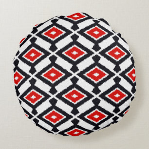 Cojín Redondo Patrón Ikat - rojo oscuro, negro y blanco