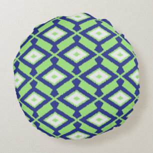 Cojín Redondo Patrón Ikat - Verde, Azul añil y Blanco