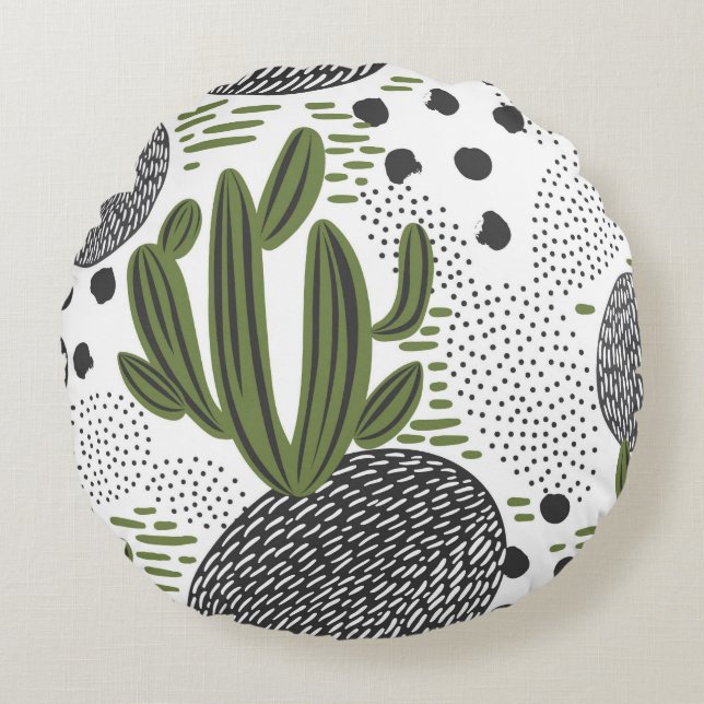 Cojín Redondo patrón ininterrumpido con cactus sobre fondo blanc (Anverso)