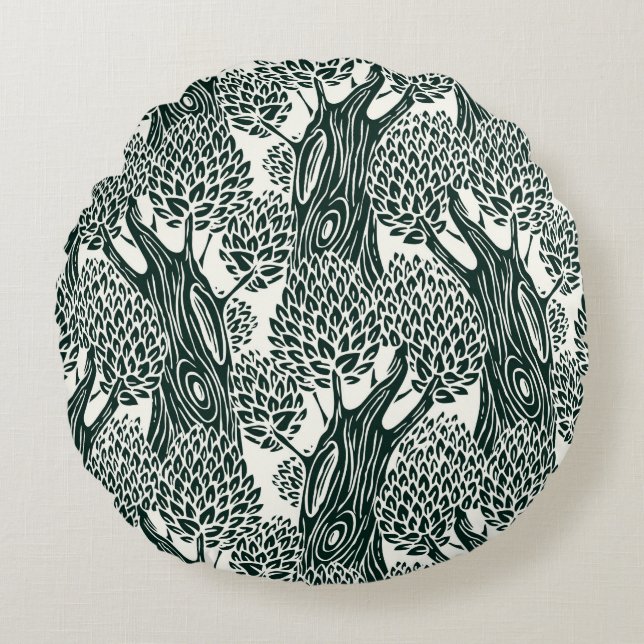 Cojín Redondo  patrón ininterrumpido con viejos árboles caducifo (Anverso)