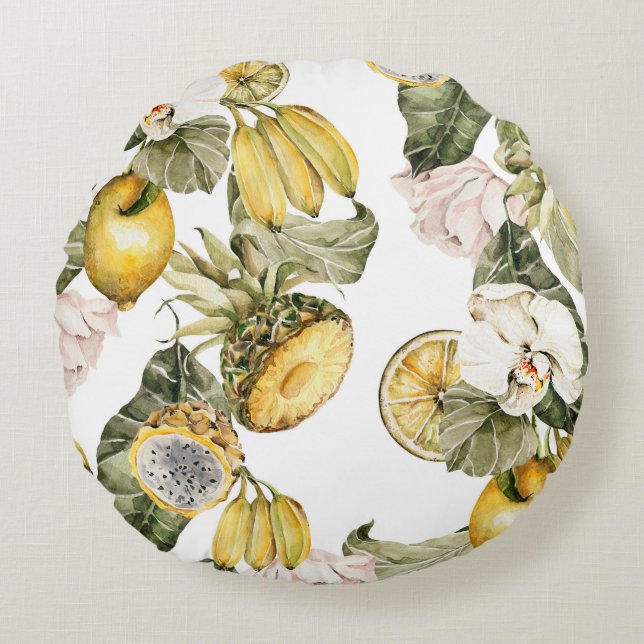 Cojín Redondo Patrón ininterrumpido de acuarela floral. Pintado  (Anverso)