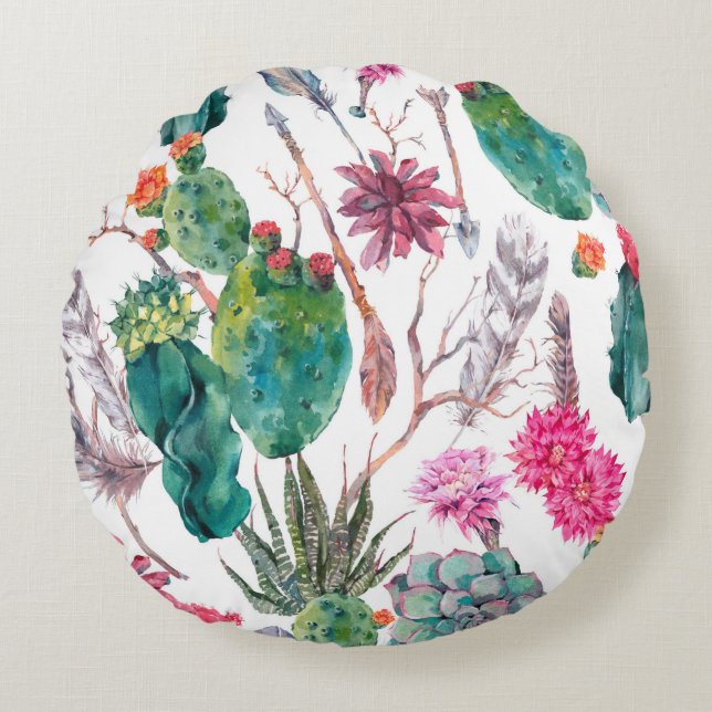 Cojín Redondo Patrón ininterrumpido de acuarela natural exótica (Anverso)