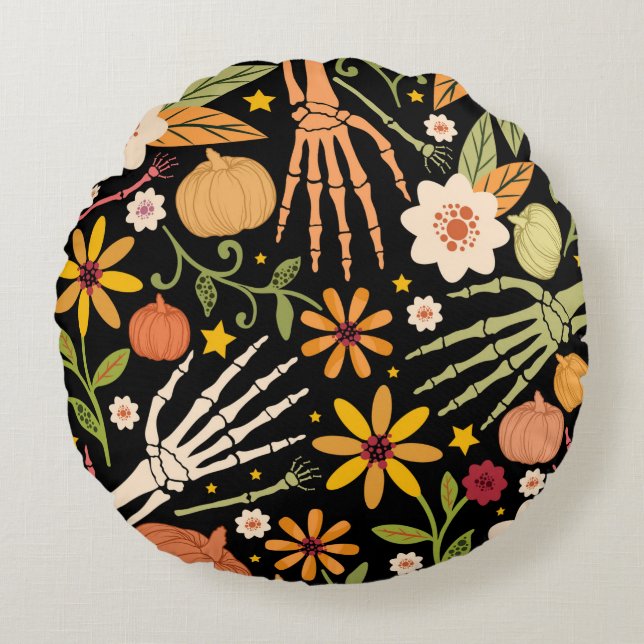 Cojín Redondo Patrón ininterrumpido de Halloween con huesos y fl (Anverso)