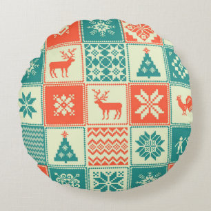 Cojín Redondo Patrón ininterrumpido de vintage navidad. Comercio